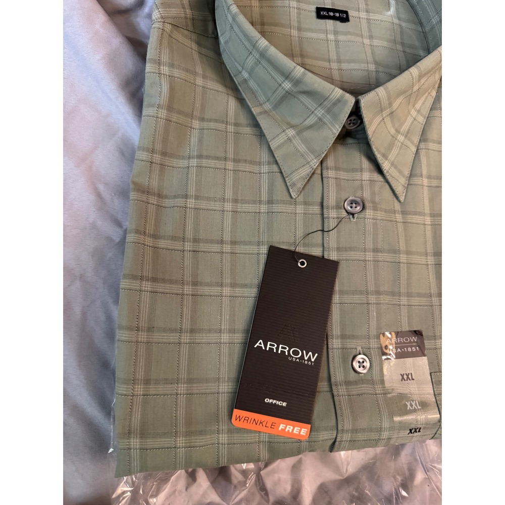 Arrow USA 1851 Mens XXL Sage Green Plaid Wrinkle Free Button Down Shirt NWT - Picture 3 of 5